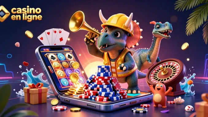 Illustration dynamique de casino en ligne avec des personnages préhistoriques célébrant en jouant.