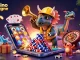 Illustration dynamique de casino en ligne avec des personnages préhistoriques célébrant en jouant.
