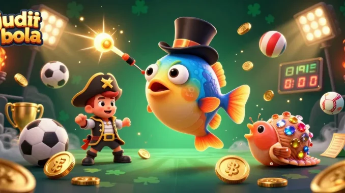 Engage with judi bola action featuring dynamic sea creatures and vibrant sports elements in a 3D digital scene.