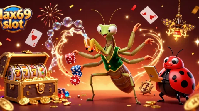 Gadgetkan pengalaman menang di dax69 slot dengan karakter utama bermain slot dan suasana kasino yang meriah.