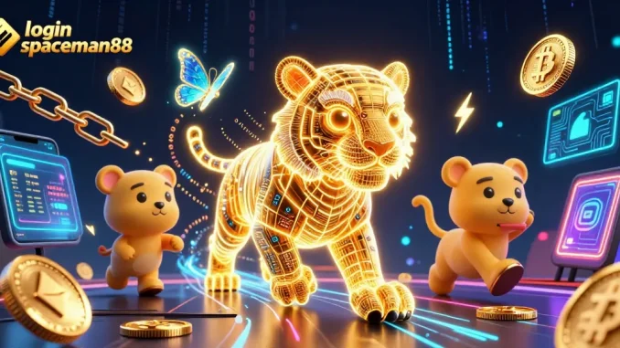 Engage with login spaceman88 in a vibrant digital casino landscape featuring a golden tiger and crypto elements