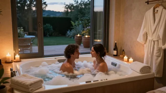 Chambre romantique Toulouse with a cozy jacuzzi setup for a romantic dinner date.
